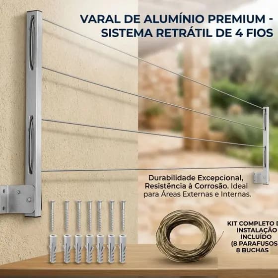 Varal De Parede Retrátil 100% Alumínio Premium, Articulado, Cabo De Aço Encapado Suporta 80 kg