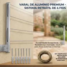 Varal De Parede Retrátil 100% Alumínio Premium, Articulado, Cabo De Aço Encapado Suporta 80 kg