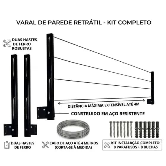 ENVIO FULL - Varal De Parede Retrátil Em Aço Dobrável, Articulado, Cabo De Aço Encapado