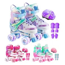 Patins Infantil Ajustável Kit Proteção Rodinha Led 4 Rodas