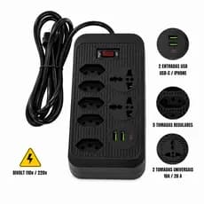 Extensão Tomada 2m Com 5 tomadas de energia 2 tomadas universal 2 USB 1 Tipo-C Bivolt Preta