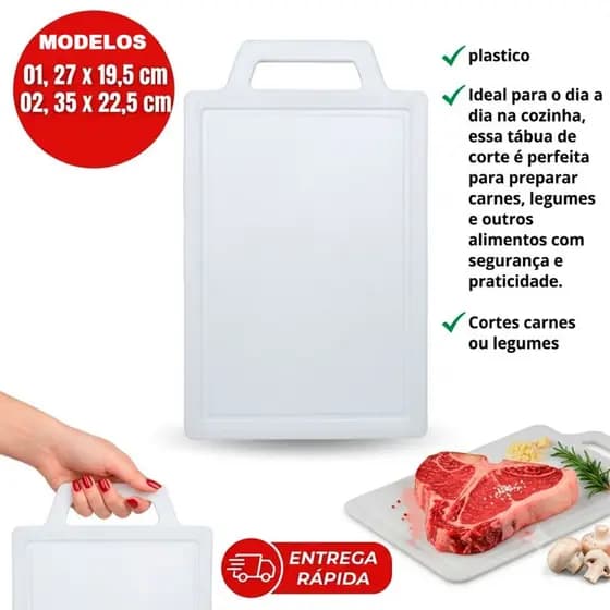 Tábua Para Corte de Plástico Cor Branca Material Resistente para Carne e Legumes Modelos M ou G