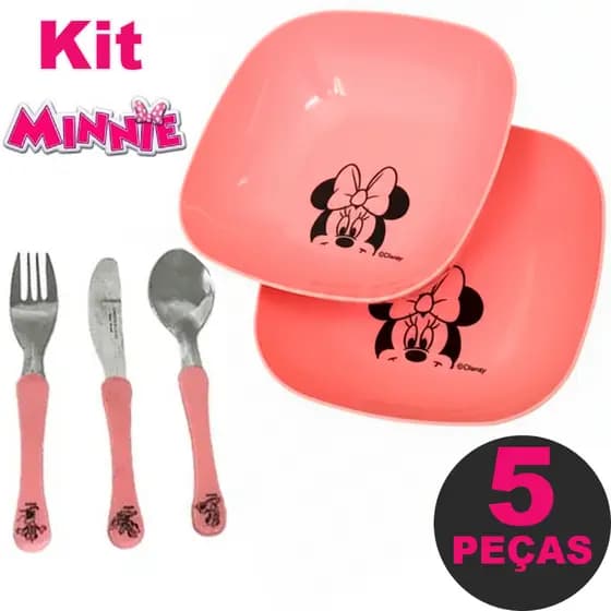 Kit Jogo 05 Peças Tigela Vasilia Infantil Cumbuca Minnie Rosa Talheres Inox para Meninas Resistente