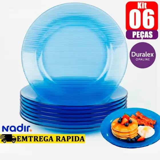 06 Pratos de Vidro Diamante Azul Temperado Fundo Kit Duralex Blue Resistente Micro-Ondas