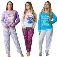 KIT 3 Pijamas Longo Feminino Adulto - Malha PV Premium