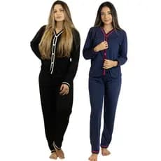 KIT 2 Pijama Longo Americano de Botões Frio - Malha Premium - Feminino Adulto