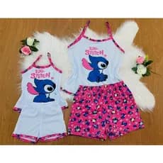 Kit 2 Pijamas Baby Doll Mãe e Filha Stitch Malha Premium