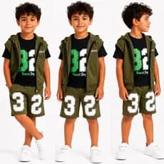 Conjunto Infantil Menino Kit 3 Peças – Blusa Algodão + Colete Moletom + Short Leve Confortável Capuz