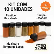 kit com 10 potes Cilíndrico Condimento 220ml de Plástico com Tampa Dosadora Dupla