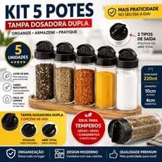 Kit 5 Potes para Tempero 220ml Cilindricos Plástico Transparente Tampa Dosadora Dupla Organizador de Cozinha