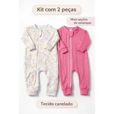 🧸Kit 2 Macacão de bebê em Malha Canelada com Zíper e protetor de zíper Menina-Menino