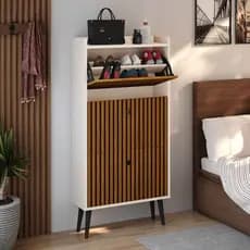 Sapateira Vertical 3 Gavetas Organizadora Calçados Até 18 Pares Retrô Sapateira Fechada Grande Compacta Off White Ripado
