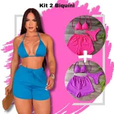 Kit 2 Biquíni Com Short Malha Canelada Brilhante Premium - Praia