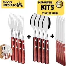Kits 21 ou 12 Peças de Talheres p/ Cozinha Inox Cabo de Madeira Garfos Facas Colheres p/ Bares Hotel