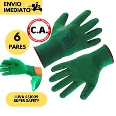 06 Pares Luva 1009 SuperSafety Tricotada com Látex Para Construção, Manutenção e Jardinagem