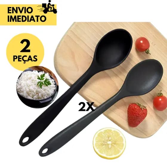 2 Colher de Silicone Preta p/ Cozinha, vai ao Fogo , Ideal p/ Preparar suas Refeições,  Restaurante.