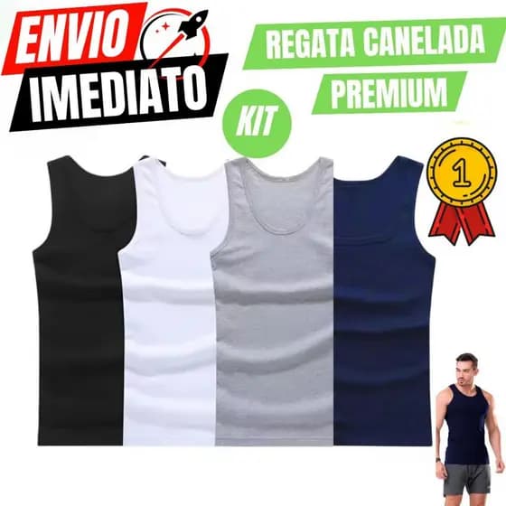 Kit Com 4 Regata CANELADA Premium Masculina Modelo Americana Fitness casual Algodão e Elastano Malha Encorpada Conforto