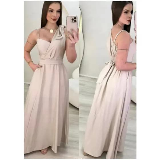 Vestido Longo em Tecido Duna linho com Laço no Ombro Único e Regulador do Outro Lado, com cinto e bojo