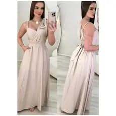 Vestido Longo em Tecido Duna linho com Laço no Ombro Único e Regulador do Outro Lado, com cinto e bojo
