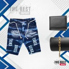 Shorts Jeans Bermuda Rasgada + Carteira + Pulseira