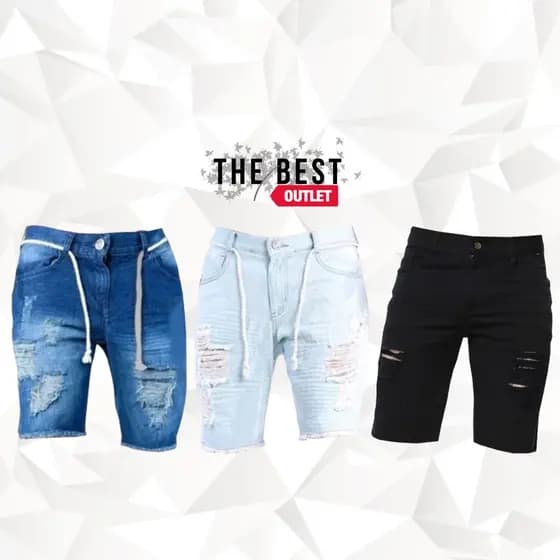 Kit com 3 Bermuda Jeans Masculina Rasgada Você Escolhe a Cor