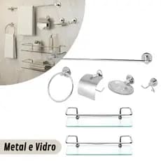 Kit Acessórios Para Banheiro 7 Peças Completo com 2 Porta Shampoo Reto Incolor Metal e Vidro