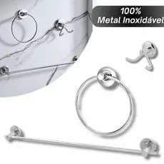 Kit 03 Acessórios Para Banheiro Inox com Porta Toalha Rosto, Porta Toalha Banho e Cabide Duplo