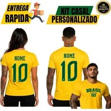 Kit 2 Camiseta Personalizada Casal Brasil 100% Algodão Copa Torcedor Camisa Masculina Feminina Top