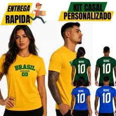 Kit 2 Camiseta Casal Personalizada Brasil 100% Algodão Copa Torcedor Camisa Masculina Feminina
