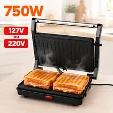 Grill Elétrico Sanduicheira Prensa Dupla 2 em 1 Antiaderente 750W 110V ou 220V Led Indicador
