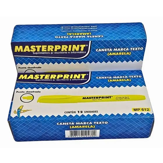 Caneta Marca Texto Amarela Masterprint MP612 Kit 12 Unidades Ponta Chanfrada