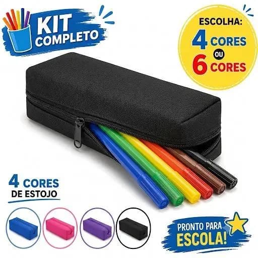 Kit Estojo Escolar com Canetinhas 4 ou 6 Cores Estojo Escolar Zíper Resistente Material Escolar Infantil e Escritório