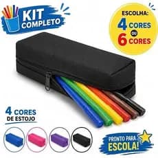 Kit Estojo Escolar com Canetinhas 4 ou 6 Cores Estojo Escolar Zíper Resistente Material Escolar Infantil e Escritório