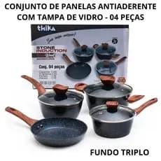 Conjunto Panelas Antiaderente Stone com Tampa de Vidro Fundo Triplo 4 peças Preto Alimento Saldável