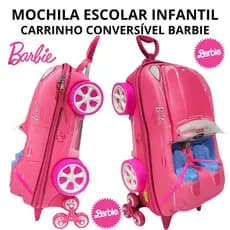 Mala Mochila Escolar Infantil Barbie Carrinho Conversível 3D Rodinhas Viagem Decoração Aventura Rosa