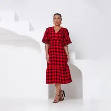 Vestido Midi Manga Curta Acinturado decote Xadrez