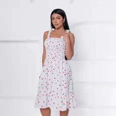 Vestido Curto de Lastex Com Alça Estampado Cereja