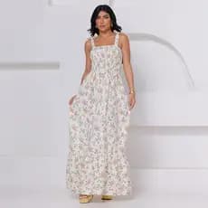 Vestido Longo de Alça Estampado Floral Crepenho