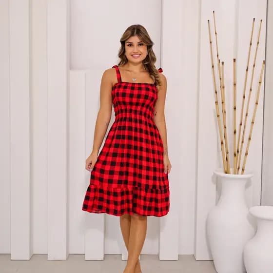 Vestido Curto Alçinha Moda Xadrez Viscose Com Latex