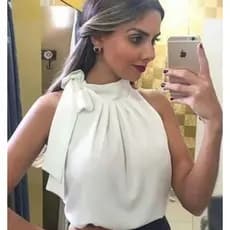 Blusa Regata Feminina Gola Alta Laço Pescoço Crepe Moda Evangelica