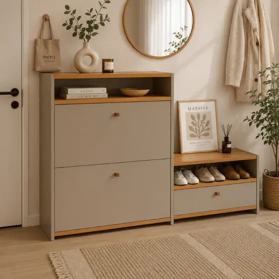 Dacon Sapateira Organizadora com Banco 2 Portas em MDF Cor Marrom com Cinamomo 30 Pares 120x78x22cm