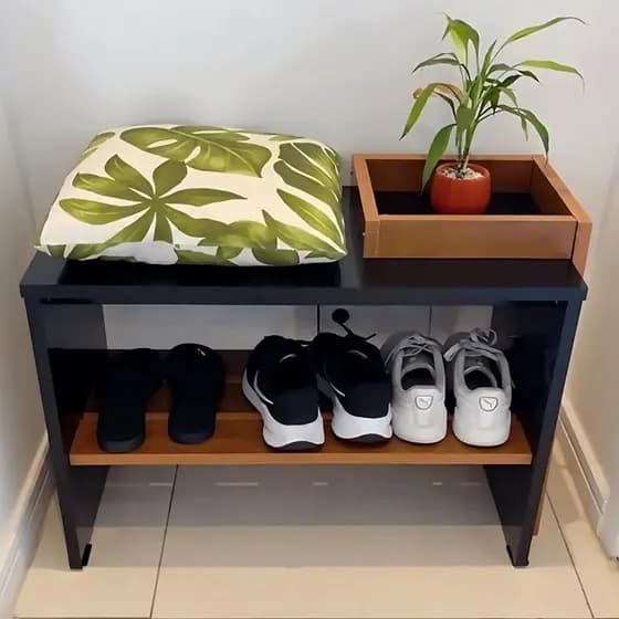 Sapateira Organizadora MDF Moderna com Assento Preto Freijo | Rack para Sapatos Resistente Compacta