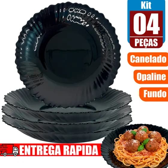 Kit Jogo 04 Pratos De Vidro Opaline Fundo Liso Preto Canelado 24 cm Resistente