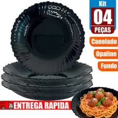 Kit Jogo 04 Pratos De Vidro Opaline Fundo Liso Preto Canelado 24 cm Resistente