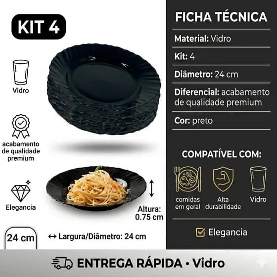 Kit Jogo de 04 Pratos De Vidro Opaline Raso Liso Preto Canelado 24 cm Resistente