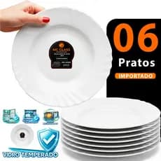 Jogo de 6 Pratos branco Fundos de Vidro temperado Opaline 23cm Resistente Importado Almoço ou Jantar