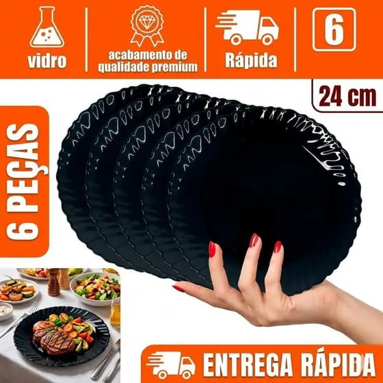 Kit Jogo de 06 Pratos De Vidro Opaline Raso Liso Preto Canelado 24 cm Resistente