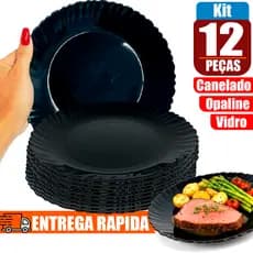 Kit Jogo 12 Pratos preto De Vidro Opaline Raso Liso Black Canelado 24 cm Resistente
