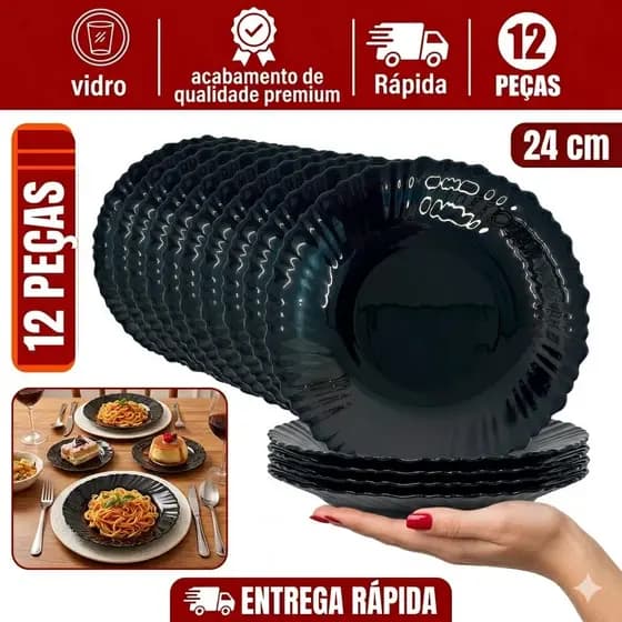 Kit Jogo de 12 Pratos De Vidro Opaline Fundo Liso Preto Canelado 24 cm Resistente
