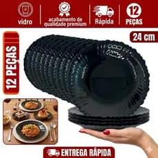 Kit Jogo de 12 Pratos De Vidro Opaline Fundo Liso Preto Canelado 24 cm Resistente